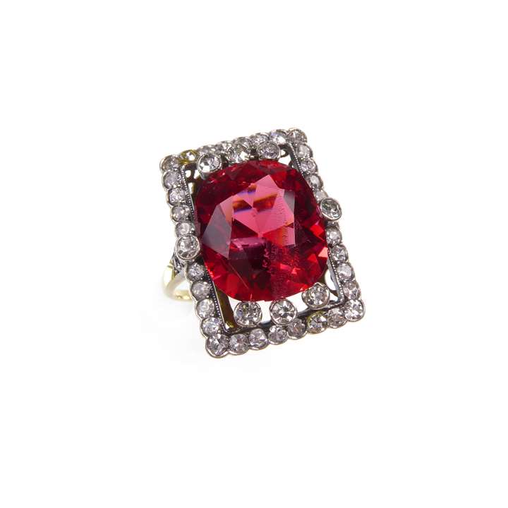 Red spinel and diamond cluster ring with principal cushion cut Burma spinel, 6.90c.t,